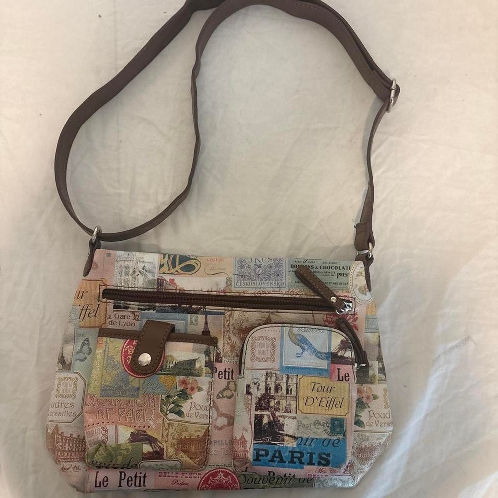 Relic Paris Postcard Print Crossbody Bag Brown Faux Leather Multi Pocket
